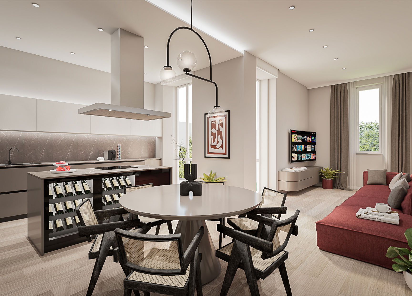 Render della sala da pranzo e salotto